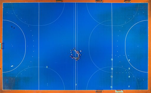 An overhead shot of a basketball court