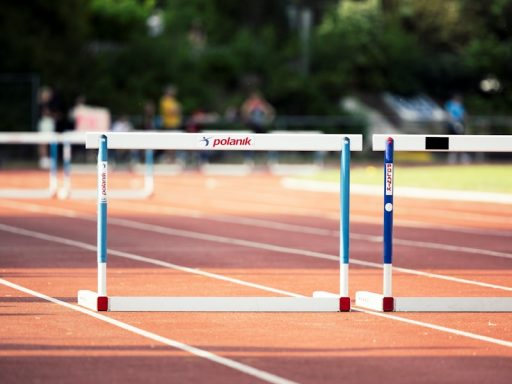 a line of blue and white poles on a track