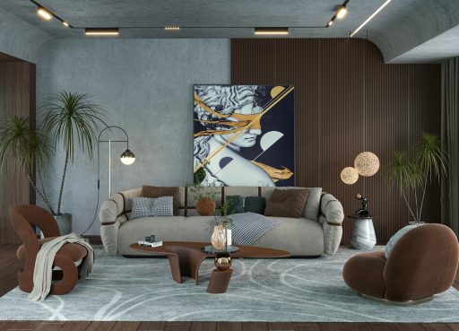 a living room filled with furniture and a painting on the wall