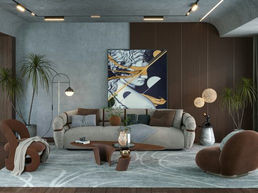 a living room filled with furniture and a painting on the wall