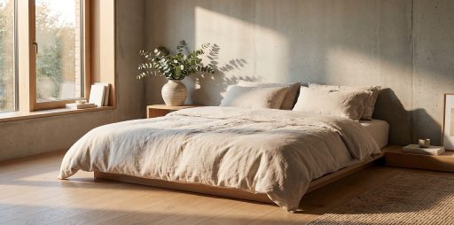 Slaapkamer met warm herfstbeddengoed in aardetinten en een zachte plaid